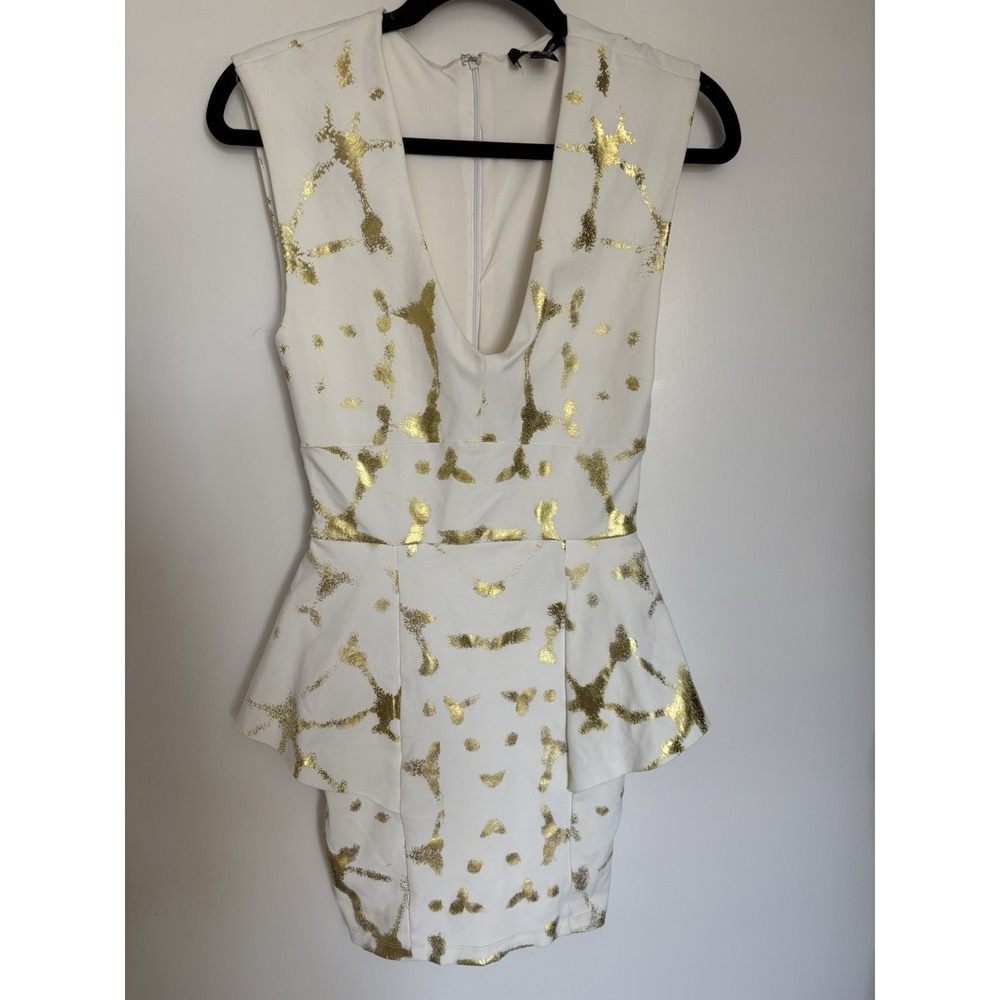 Beautiful Bebe  White & Gold Peplum  Lined Dress XS Celebrity Fave🔥 - Picture 6 of 16